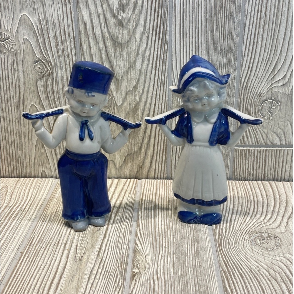 Vintage Blue and White Dutch Boy and Girl Ceramic Figurines Set Made in Japan